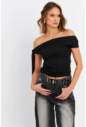 Kadın Siyah Fiyonklu Crop Bluz SDY1247