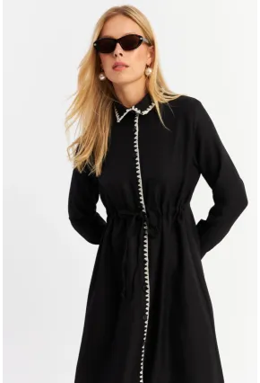 Kadın Siyah Garnili Gömlek Midi Elbise MASF10