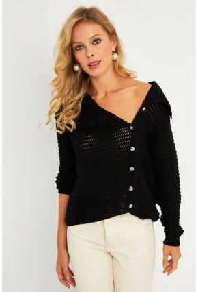 Kadın Siyah Geniş Yakalı Triko Hırka MİW4571