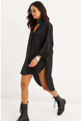 Kadın Siyah Gizli Düğmeli Tunik Gömlek Elbise SF1292