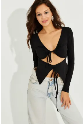 Kadın Siyah Göbek Dekolteli Büzgülü Bluz B2701