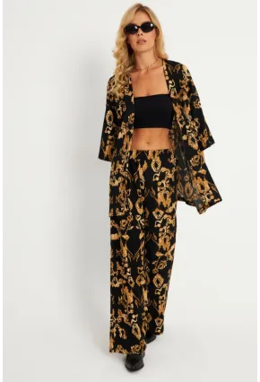 Kadın Siyah-Gold Desenli Bürümcük Alt Üst  Takım LON3004