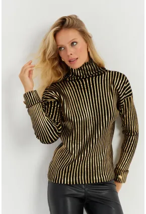 Kadın Siyah-Gold Düğme Detaylı Varaklı Triko Kazak SF2532