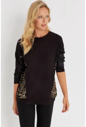 Kadın Siyah-Gold Payetli Uzun Bluz ST3124