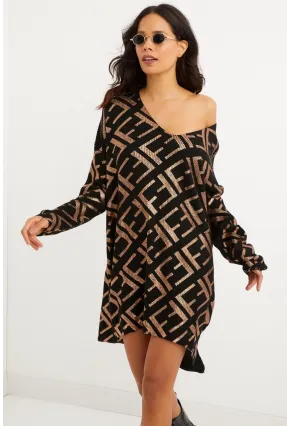 Kadın Siyah-Gold Varaklı Triko Tunik Elbise TD122