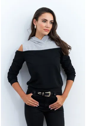 Kadın Siyah-Gri Omuzları Açık Sweatshirt TF15