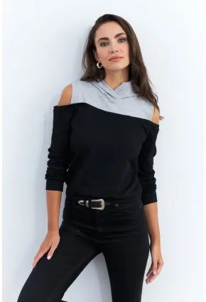 Kadın Siyah-Gri Omuzları Açık Sweatshirt TF15