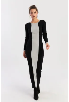 Kadın Siyah-Grı Renk Bloklu Kaşkorse Maxi Elbise XL403