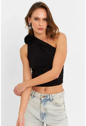 Kadın Siyah Gül Aksesuar Detaylı Crop Bluz ELT3925