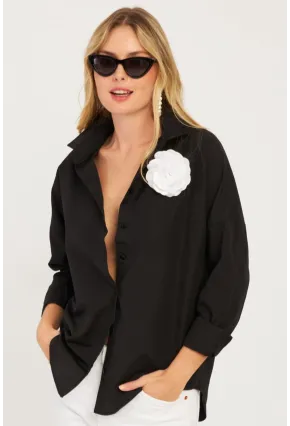 Kadın Siyah Gül Aksesuarlı Gömlek SF2540
