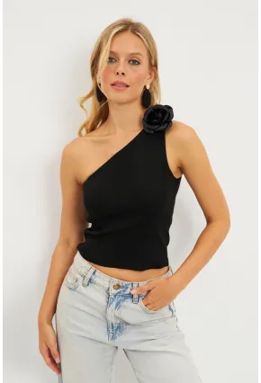 Kadın Siyah Gül Aksesuarlı Triko Bluz ET02