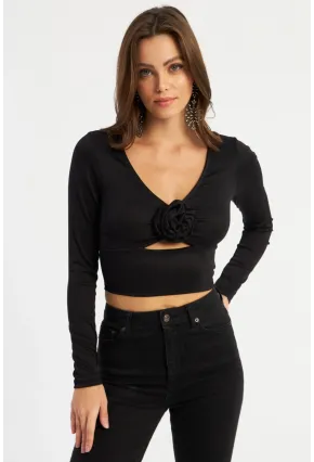Kadın Siyah Gül Detaylı Pencereli Bluz AYD378