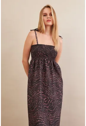 Kadın Siyah-Gülkurusu Straplez Çizgili Plaj Elbisesi OR502