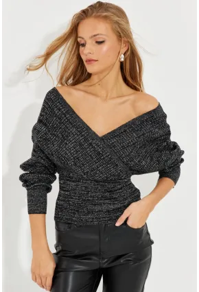 Kadın Siyah-Gümüş Kruvaze Simli Kazak KED125