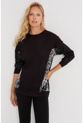 Kadın Siyah-Gümüş Payetli Uzun Bluz ST3124