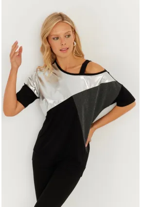 Kadın Siyah-Gümüş Suni Deri Bloklu Bluz ST834