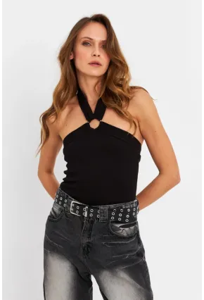 Kadın Siyah Halkalı Crop Bluz B2634-90