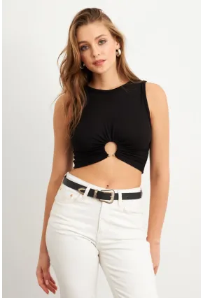 Kadın Siyah Halkalı Crop Bluz EY3094