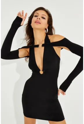 Kadın Siyah Halkalı İkili Mini Eldivenli Elbise B2770