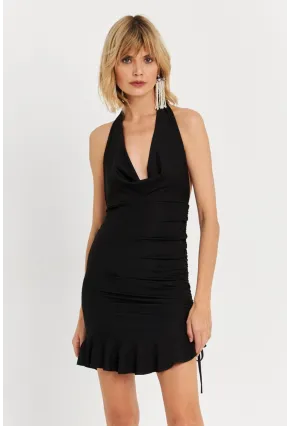 Kadın Siyah Halter Yaka Fırfırlı Mini Elbise DCF008