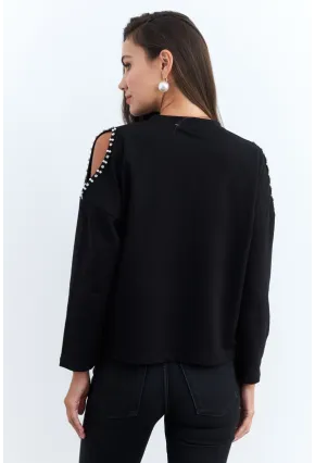 Kadın Siyah İnci Aksesuarlı Sweatshirt RLO85