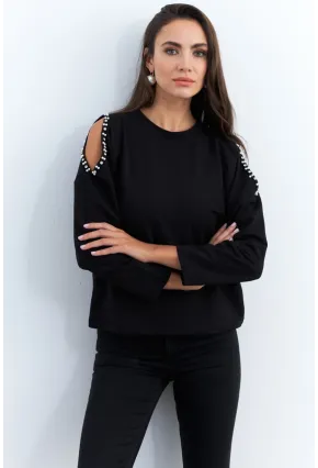 Kadın Siyah İnci Aksesuarlı Sweatshirt RLO85