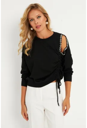 Kadın Siyah İnci Detaylı Büzgülü Sweatshirt RLO04