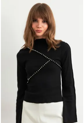 Kadın Siyah İnci Detaylı Kaşkorse Bluz ALB3701