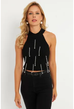 Kadın Siyah İnci Detaylı Triko Bluz KAZ005