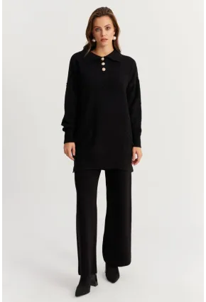 Kadın Siyah İnci Düğmeli Triko Alt Üst Takım NUV33