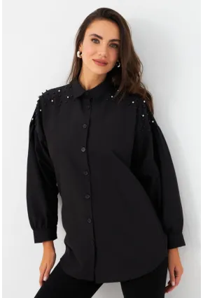 Kadın Siyah İncili Balon Kol Gömlek MASF16
