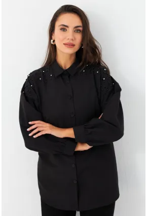 Kadın Siyah İncili Balon Kol Gömlek MASF16