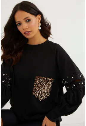 Kadın Siyah İncili Kol Detaylı Sweatshirt PKA400