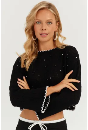 Kadın Siyah İncili Triko Bluz MİW7561