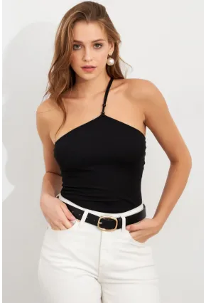 Kadın Siyah İp Askılı Çıtçıtlı Body ZH014
