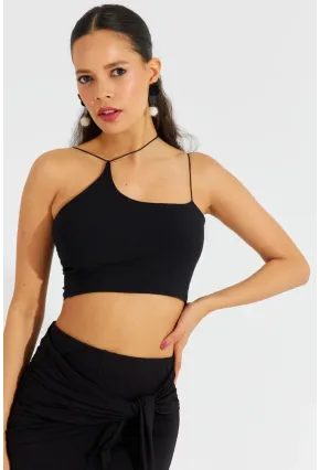 Kadın Siyah İp Askılı Crop Bluz B2594