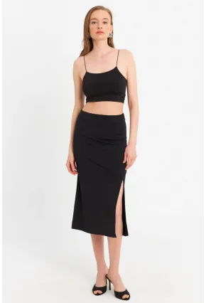 Kadın Siyah İp Askılı Crop Etek Takım MRS10004-1
