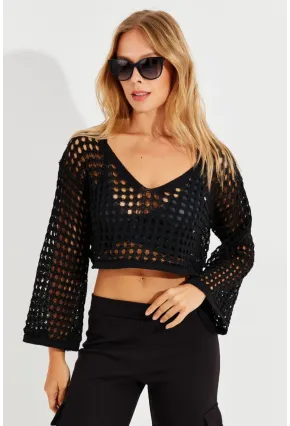 Kadın Siyah İspanyol Kol Ajurlu Triko Bluz YV203
