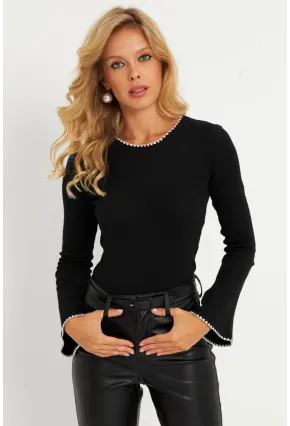 Kadın Siyah İspanyol Kol Biyeli Kaşkorse Bluz XL14