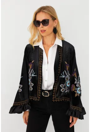 Kadın Siyah İspanyol Kol Nakışlı Kadife Simli Ceket QS5577