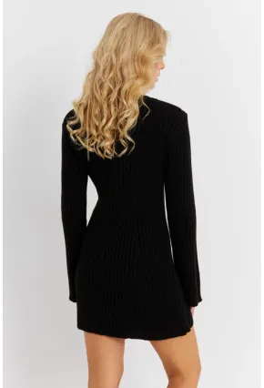 Kadın Siyah İspanyol Kol Triko Mini Elbise YV273