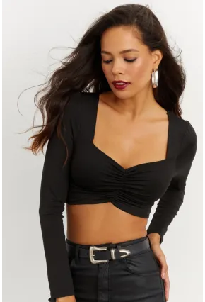 Kadın Siyah Kalp Yaka Crop Bluz CG260