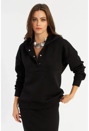 Kadın Siyah Kapüşonlu Çıtçıtlı Sweatshirt TF22