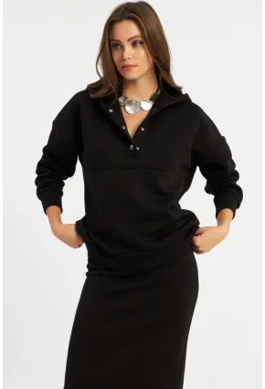 Kadın Siyah Kapüşonlu Çıtçıtlı Sweatshirt TF22