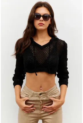 Kadın Siyah Kapüşonlu File Kısa Bluz YV153