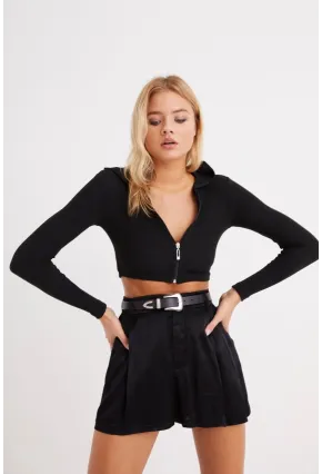 Kadın Siyah Kapüşonlu Kısa Kaşkorse Bluz EY1032