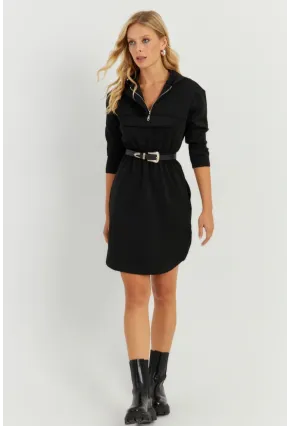 Kadın Siyah Kapüşonlu Skuba Mini  Elbise KED4104