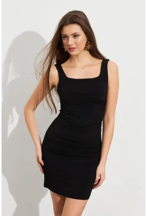 Kadın Siyah Kare Yaka Büzgülü Mini Elbise FRY2308