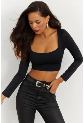 Kadın Siyah Kare Yaka Crop Bluz CG263