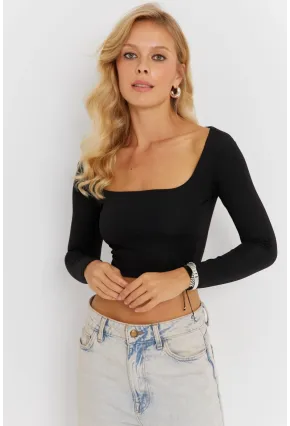 Kadın Siyah Kare Yaka Crop Bluz CG362